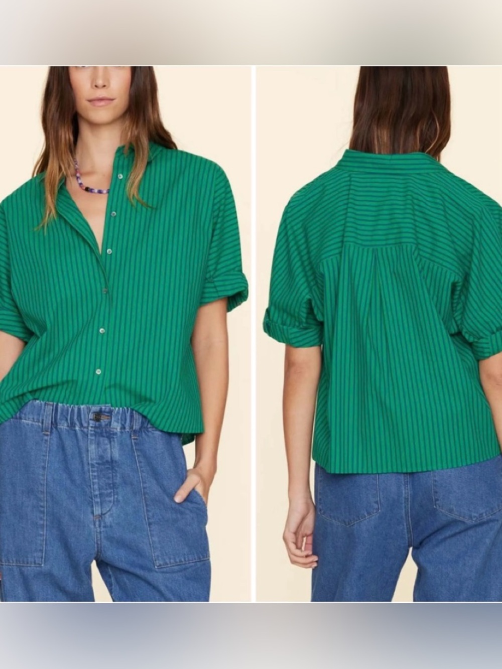 Xirena Teddy Striped Button Down Crop Shirt SZ S Green Blue